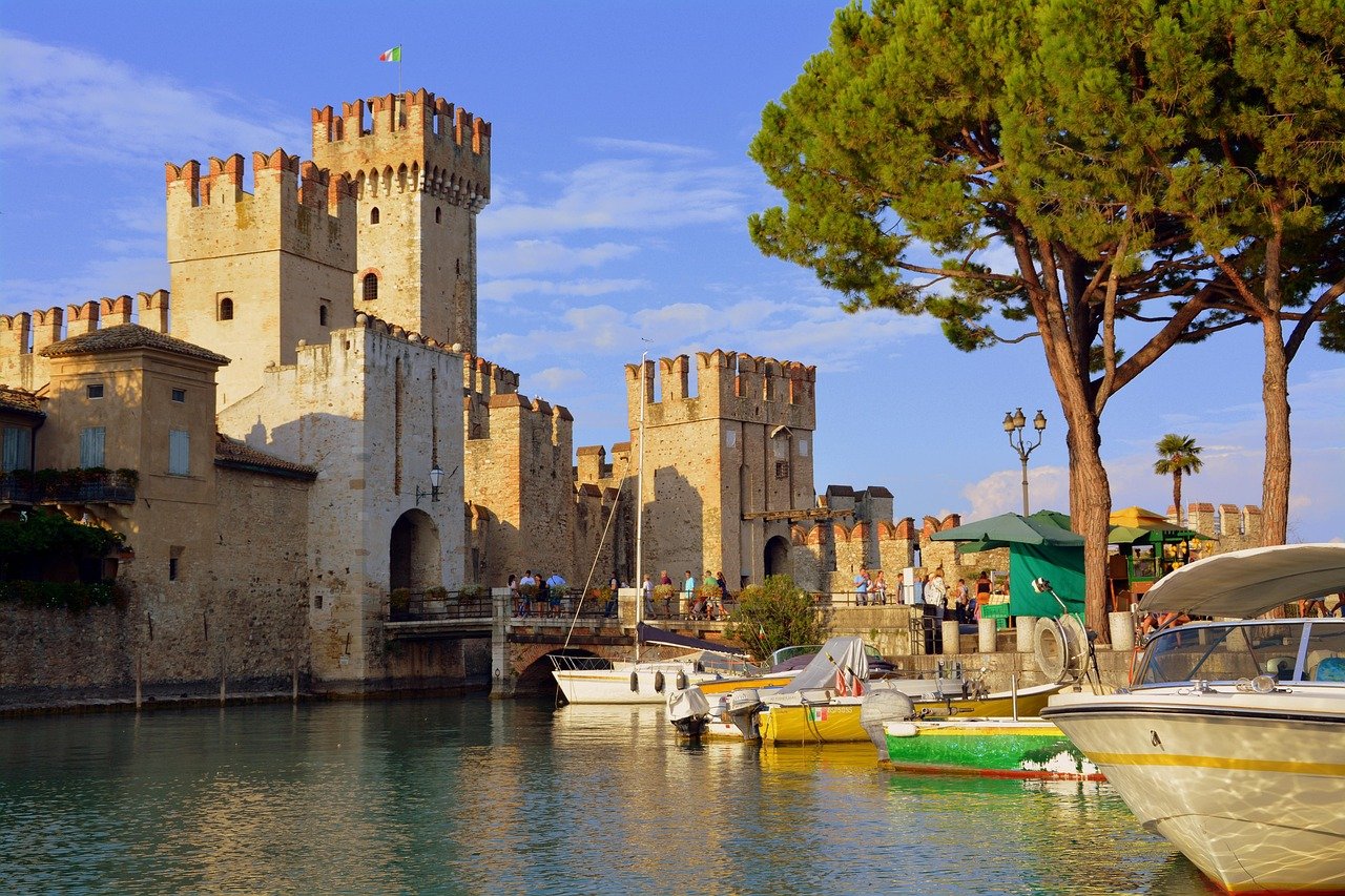 castle, port, boats, torre, sky, nature, trees, pines, sirmione, italy